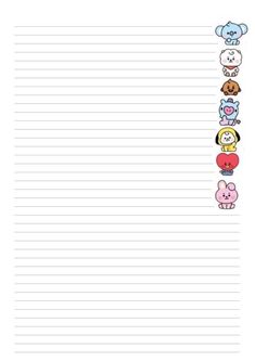 lined paper with cartoon characters on the top and bottom lines in different colors, sizes and shapes