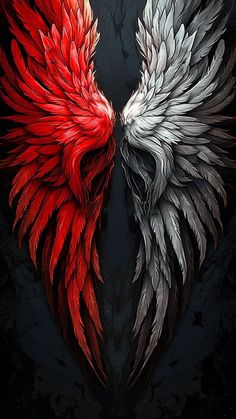 two red and white wings on a black background