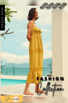 Solid Color Tie Front Open Back Spaghetti Strap Maxi Dress Yellow Spaghetti Strap Maxi Dress For Beach Season, Spaghetti Straps Midi Dress For Beach Season Brunch, Solid Color Spaghetti Straps Beachwear Dress, Beachwear Dresses With Spaghetti Straps, Casual Beach Midi Dress With Spaghetti Straps, Casual Spaghetti Strap Midi Dress For Beach, Casual Beach Midi Dress With Adjustable Straps, Yellow Spaghetti Strap Midi Dress For Summer, Summer Yellow Midi Dress With Spaghetti Straps