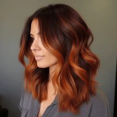 Pumpkin Balayage Hair, Copper Hair Color With Dark Roots, Fall Ombre Hair Color, Copper Brown Ombre Hair, Copper On Brunette Hair, Half Updo Bob Hair, Autumn Curly Hair Color, Black To Ginger Hair Ombre, Red And Caramel Hair