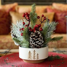 a small potted plant with pine cones and berries on it sitting on a table