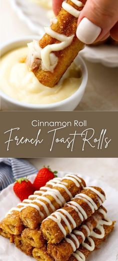 cinnamon roll french toast rolls with icing and strawberries