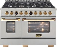 an oven with four burners and two doors on each side, in stainless steel