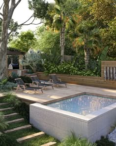 an outdoor swimming pool surrounded by greenery and wooden steps leading up to the deck