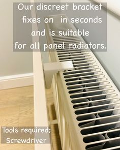 a radiator with the words our discreet bracket fixes on in seconds and is suitable for all panel radiators