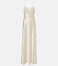 Lace-trimmed silk satin gown in neutrals - Saint Laurent | Mytheresa Saint Laurent White Dress, Saint Laurent Gown, Wedding Rehearsal Outfit, White Night Gown, Rehearsal Dinner Attire, Dinner Attire, Italy Wedding Dress, Memory Hyuga, Uzun Boy