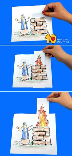 two pictures of the same person making a fire with bricks and watercolors on paper