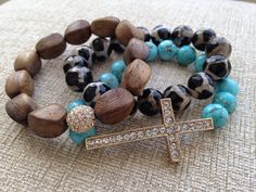 Cross Bracelet-pave sideways  with Turquoise by CenteredJewelry Cross Bracelet, Turquoise Beads, Stretch Bracelets, Turquoise