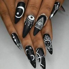 🔮For credit check tagged profiles in picture🔮  #tarot #tarotcards #tarotreaders #wicca #witchcraft #witch #witches #witchery… Goth Acrylics, Astrological Nails, Halloween Nail Art Designs, Halloween Nail Art Easy, Black And White Nails, Nail Art Halloween