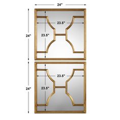 two mirrors with measurements for each one and the other side, both are shown in gold