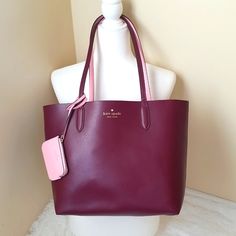 Kate Spade Ava Reversible Tote Bag. * 11.42" X16.73w At The Top 12.2"W At Bottom X6.30"D * Handle Drop 10.5 * Refine Grain Leather * Foil Embossed Logo * With Detachable Coin Purse * Open Top Closure * No Dust Bag Included * Color Deep Berry / Pink * Style No. K6052 Elegant Reversible Shoulder Bag For Shopping, Pink Reversible Shoulder Bag For Shopping, Taupe Handbag, Grey Tote Bags, True Summer, Pink Tote Bag, Glitter Bag, Reversible Tote Bag, White Tote Bag