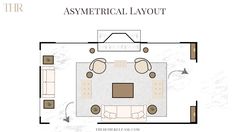 the floor plan for an asymmetrical layout, with furniture and seating areas