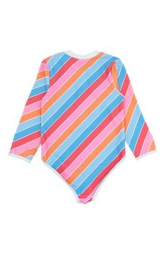 Little ones will love splashing around in this rainbow-striped rashguard swimsuit featuring built-in sun protection, four-way stretch and a zipper in back. UPF 50+ sun protection Moisture-wicking fabric engineered for dryness and comfort 85% polyester, 15% elastane Machine wash, line dry Imported Playful Long Sleeve Onesie For Summer, Playful Long Sleeve Summer Onesie, Blue Rash Guard For Beach Season Playwear, Playful Blue Rash Guard For Pool, Long Sleeve Rash Guard For Summer Playwear, Playful Rash Guard With Uv Protection For Playtime, Playful Multicolor Swimwear For Surfing, Spring Multicolor Rash Guard For Swimming, Playful Long Sleeve Swimwear For Beach Season