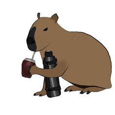 an animal that is holding a drink in its hand and drinking from a cup on the ground