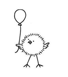 a black and white drawing of a bird holding a balloon