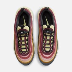 Style No. FB8454-300 Color: Deep Jungle/Bronzine/Sesame/Red Stardust/Cedar/White Layer up in corduroy with this textured twist on the classic AM97. The water-inspired design flows whether you're out for a run or a night on the town. Full-length Nike Air cushioning lets you ride in performance comfort. Originally designed for performance running, full-length Air cushioning (the first of its kind) pairs best-in-class comfort with sporty style. Hidden lacing system delivers a streamlined look. Foam Nike Air Max 97 Women, Deep Jungle, Maroon Leather, Walk In My Shoes, Nike Air Max For Women, Air Max Women, Air Jordan 1 Low, Nike Air Max 97, Sneaker Collection