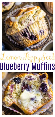 lemon poppy seed blueberry muffins with butter on top and in the middle