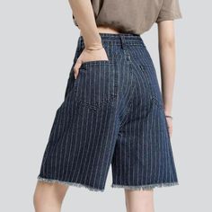 Bring summer fun to your wardrobe with our 2023 Summer Collection streetwear-trend striped cropped women's denim shorts. Combining a high-waist design. wide-leg cut. and zipper & button closure. they are sure to make a bold statement!Distinctive Features: Street Trend Stripes: Add a touch of fun and style with bold vertical stripes for a look that screams confidence. Wide-Leg Cut: Show off your figure with a chic and enduring fit. High-Waist Design: Enhance your curves with a fashion and flatter Trendy Knee-length Shorts, Casual Spring Bottoms With Vertical Stripes, Summer Wide Leg Bottoms With Vertical Stripes, Trendy Wide Leg Bottoms With Vertical Stripes, Trendy Knee-length Denim Bottoms, Knee-length Cotton Jeans For Summer, Trendy Knee-length Bottoms For Spring, Trendy Striped Relaxed Fit Bottoms, Trendy Striped Bottoms For Spring