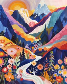 a painting of mountains with flowers and trees