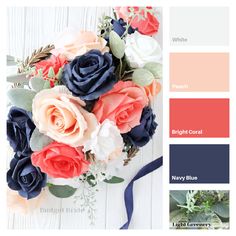 the color scheme for this bouquet is peach, navy blue and white with roses on it