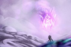 a man standing on top of a snow covered slope next to a giant purple dragon