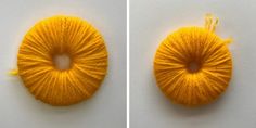 two pictures of yarn that are yellow and one has a ball of yarn in the middle