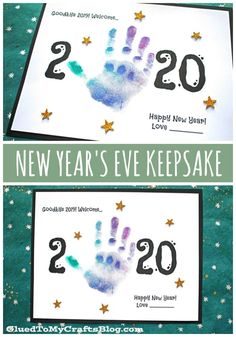 two new year's eve keepsake cards with handprints and stars on them