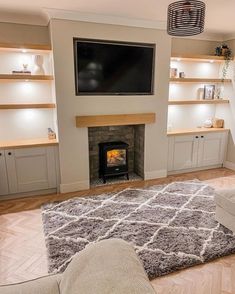 Grey Cream Rug Living Room Woodburner, Chimneys Ideas Living Room, Living Room Designs Around Fireplace, Front Room Built Ins, Cosy Rugs In Living Room, Front Room Fireplace, Frontroom Decor Ideas, Lounge Renovation Ideas, Fireplace Rug Ideas