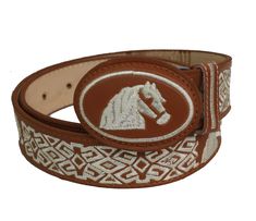 a brown and white belt with a horse on it