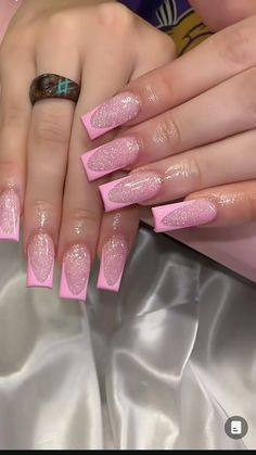 pink nails pink french tip glitter french tip nail inspo 2023 nails Pink French Tip Nails Rhinestones, Pink French Tip With Jewels, Sparkle Base French Tip, Glitter With French Tip, Glitter Base French Nails, Medium French Tip Acrylic Nails Pink, Sparkly Base French Tip Nails, Dark Pink And Silver Nails, Pink French Tip With Diamonds