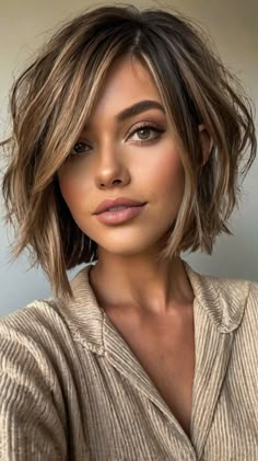 💝 Fabulous Layered Bob Short Short Bob Hairstyles Inspiration ✨👑 Short Hair Styles With Layers And Bangs, Bob Hairstyle With Side Bangs, Short Hair For Brunettes, Short Hair With Bangs Highlights, Short Hairstyle Women Fine Hair Bangs, Bob With Curtain Bangs Fine Hair, Short Blonde Brown Hair, Soft Bangs Haircut, Caramel Balayage On Dark Hair Short