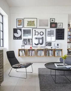 a living room filled with furniture and pictures on the wall