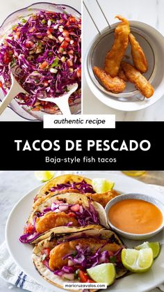 collage of baja fish tacos preparation with text overlay Chipotle Crema Sauce, Baja Fish Tacos Recipe, Baja Tacos, Crunchy Coleslaw, Mexican Dinner Party, Creamy Chipotle Sauce