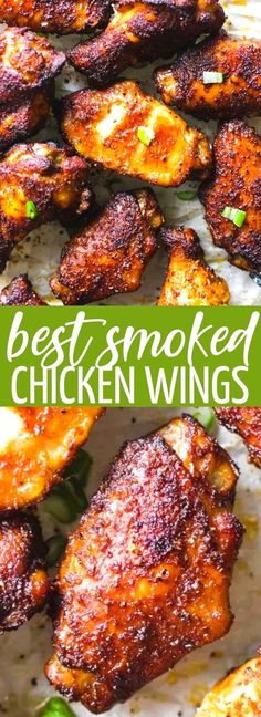 grilled chicken wings with text overlay that reads best smoked chicken wings