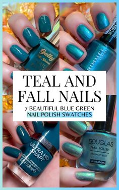 A guide to seven gorgeous blue green, turquoise and teal nail polish colors with swatches from Revlon, Barry M, Douglas Collection, Kiko and Wynie - perfect fall nail polishes! - - - - - blue green nails aesthetic - dark teal nail polish swatches - turquoise nail polish colors - fall nails ideas - fall nail polish colors - winter nail polish - drugstore nail polish brands - barry m gelly hi shine - douglas nail polish - rimmel siren swatch - revlon ultra hd snap daredevil - wynie nail polish - douglas paranoid blue - kiko power pro silver green Turquoise Nails For Fall, Deep Teal Nails Fall, Peacock Blue Nail Designs, Teal Blue Nail Ideas, Teal Birthday Nails, Petrol Blue Nails, Dark Teal Nail Ideas, Short Teal Nails, Teal Nails Turquoise