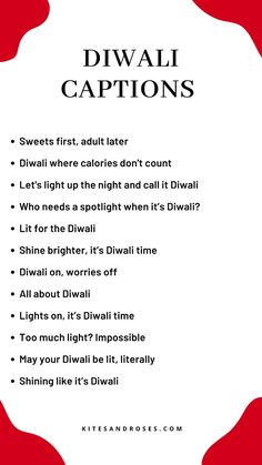 a red and white poster with the words diwali captions in black on it