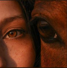 a close up of a woman's face next to a brown horse