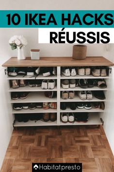 there is a shelf with many pairs of shoes on it