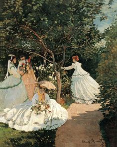 three women in dresses are sitting on the ground near trees and flowers, one is holding an umbrella