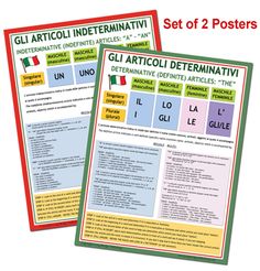 two posters with different types of italian writing and pictures on the front, one has an image