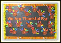 a bulletin board with handprinted turkeys and the words we are thanksgiving for