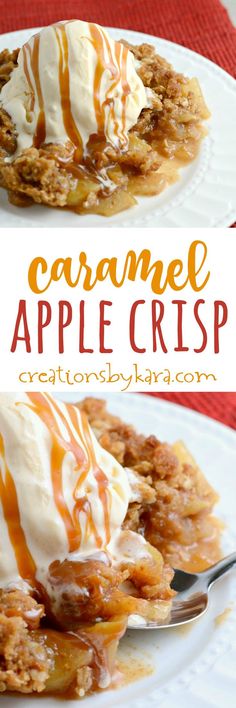 caramel apple crisp on a white plate with a fork