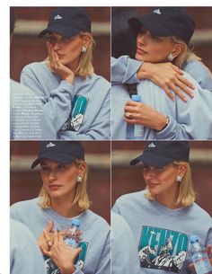 a collage of photos of a woman wearing a hat and holding a water bottle