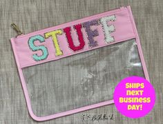 "⭐️READY TO SHIP️ Great for Back to School!! Throw in your favorite school supplies- pens, pencils, markers, colored pencils, erasers, glue stick, scissors, etc! Easily fits in your backpack! Clear/Transparent Flat Pouch Pre-made in STUFF wording Pouch color: Pink Gold Zipper Chenille Letter Patches are SEWN ON!! Bag is about 8\" tall x 11\" wide Spot Clean Listing is for ONE pouch **Contents inside pouch in listing photo are not included and are for reference only** We also carry SNACKS and TRA Preppy Birthday Gifts, Preppy Backpack, Preppy School Supplies, Iron On Letter Patches, Preppy Gifts, Reusable Snack Bag, Flat Pouch, Clear Bags, Erasers