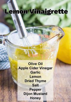 the ingredients for lemon vinaigrette in a measuring cup