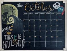 a chalkboard calendar with the words october written on it and halloween decorations around it