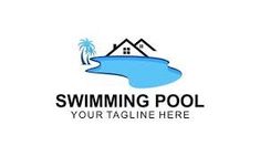 swimming pool logo with palm trees and house