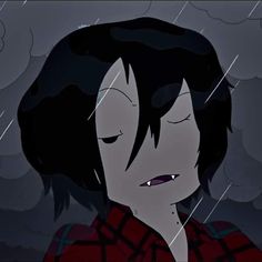 an animated image of a man with eyes closed and rain falling down on him in the background