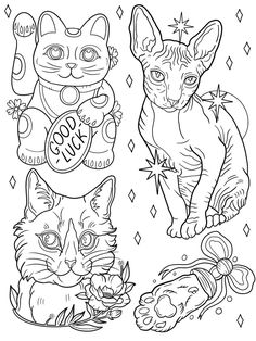 two cats and one dog are coloring pages