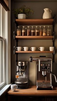 a coffee maker sitting on top of a wooden counter